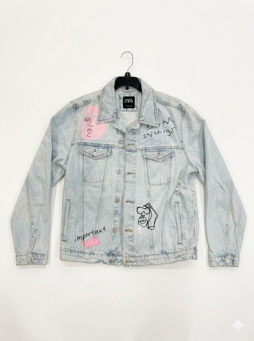Zara Women's Creative Graphic Blue Jean Jacket - Size L - 032